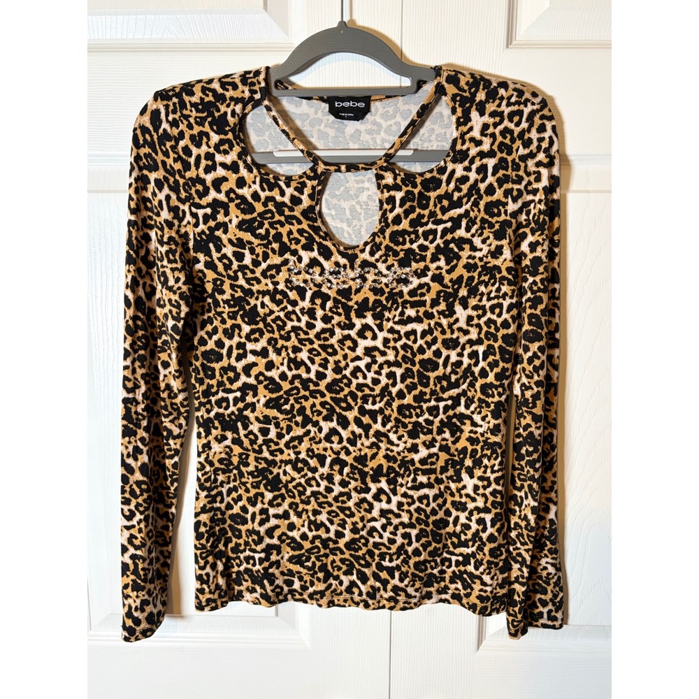 Bebe Womens Leopard Print Long Sleeve Rhinestone Logo Cutout Top Brown Large